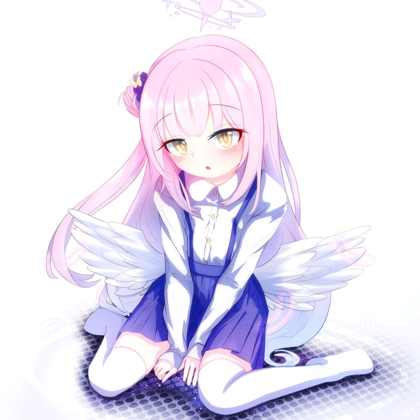 1girl angel_wings blue_archive blue_skirt blush eyebrows_visible_through_hair flower hair_flower hair_ornament halo highres long_hair long_sleeves mika_(blue_archive) open_mouth pink_hair shirt side_bun simple_background sitting skirt thigh-highs white_background white_muffler wings yellow_eyes younger
