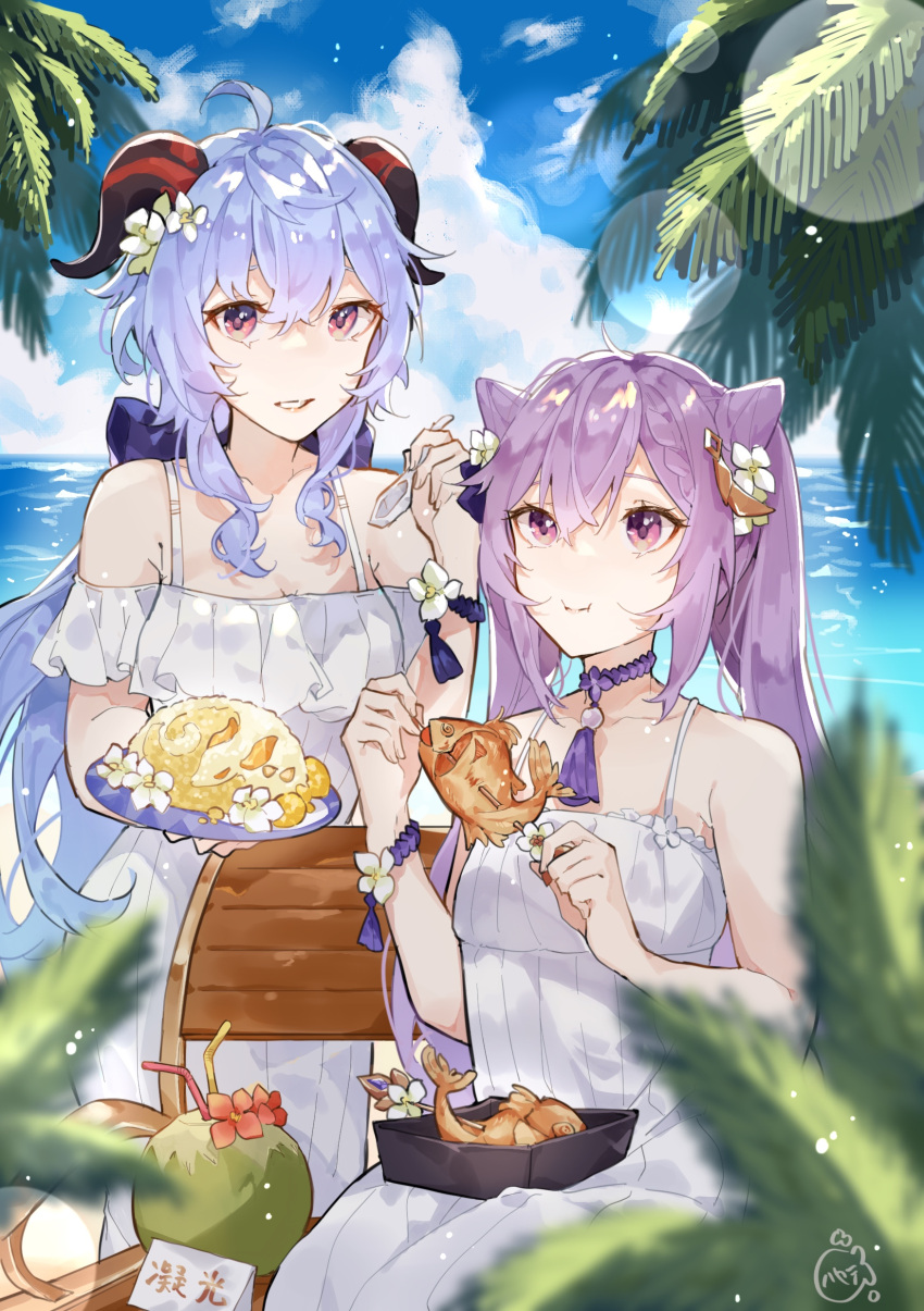 2girls :i absurdres ahoge bangs blue_hair blue_sky blurry blurry_foreground closed_mouth clouds cloudy_sky commentary day depth_of_field dress eating english_commentary eyebrows_visible_through_hair flower food ganyu_(genshin_impact) genshin_impact hair_between_eyes hair_cones hair_flower hair_ornament hayate_fish highres holding holding_food holding_plate horizon keqing_(genshin_impact) long_hair looking_at_viewer multiple_girls off-shoulder_dress off_shoulder on_bench outdoors parted_lips plate purple_hair red_eyes sitting sky smile twintails very_long_hair violet_eyes water white_flower