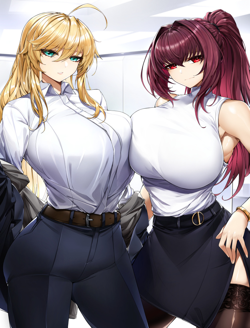 2girls ahoge alternate_hairstyle artoria_pendragon_(fate) artoria_pendragon_(lancer)_(fate) bangs belt blue_eyes breasts casul collared_shirt fate/grand_order fate_(series) formal hair_between_eyes hair_down high-waist_skirt highres large_breasts long_hair looking_at_viewer multiple_girls office office_lady pants pencil_skirt ponytail purple_hair red_eyes scathach_(fate) shirt shirt_tucked_in skirt swept_bangs thigh-highs very_long_hair