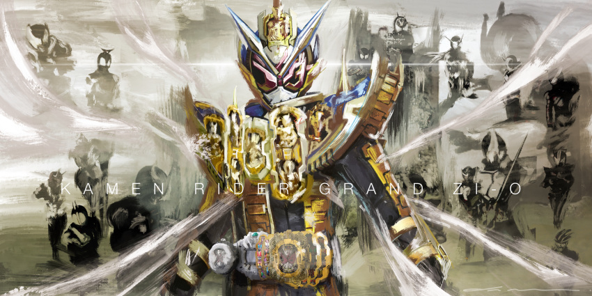 absurdres alternate_costume arm_up armor aura belt black_armor black_footwear black_gloves bodysuit clenched_hand clock clock_hands commentary_request compound_eyes cowboy_shot driver_(kamen_rider) future gloves glowing glowing_eyes gold_armor gold_trim grand_zi-o_rider_watch helmet highres horns imminent_fight kamen_rider kamen_rider_555 kamen_rider_agito kamen_rider_agito_(series) kamen_rider_blade kamen_rider_blade_(series) kamen_rider_build kamen_rider_build_(series) kamen_rider_dcd kamen_rider_decade kamen_rider_den-o kamen_rider_den-o_(series) kamen_rider_double kamen_rider_drive kamen_rider_drive_(series) kamen_rider_ex-aid kamen_rider_ex-aid_(series) kamen_rider_faiz kamen_rider_fourze kamen_rider_fourze_(series) kamen_rider_gaim kamen_rider_gaim_(series) kamen_rider_ghost kamen_rider_ghost_(series) kamen_rider_grand_zi-o kamen_rider_hibiki kamen_rider_hibiki_(series) kamen_rider_kabuto kamen_rider_kabuto_(series) kamen_rider_kiva kamen_rider_kiva_(series) kamen_rider_kuuga kamen_rider_kuuga_(series) kamen_rider_ooo kamen_rider_ooo_(series) kamen_rider_ryuki kamen_rider_ryuki_(series) kamen_rider_w kamen_rider_wizard kamen_rider_wizard_(series) kamen_rider_zi-o kamen_rider_zi-o_(series) katakana loincloth long_coat male_focus multiple_boys official_alternate_costume open_hand ouma_zi-o pink_eyes powering_up red_eyes rider_belt rider_watch shiny shoulder_armor single_horn sky spotlight standing tokusatsu waistcoat weapon yygnzm ziku_driver