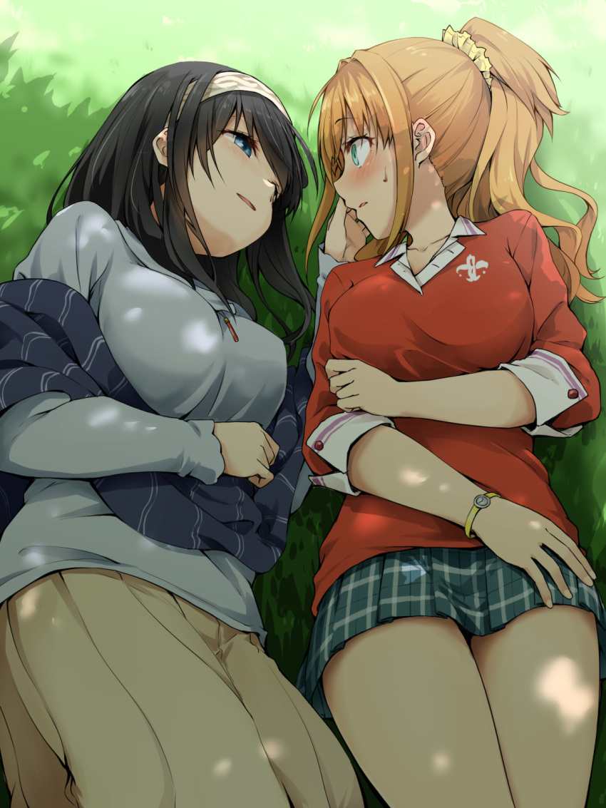 2girls :d black_hair blue_shirt blush breasts facing_another grass hand_on_another's_cheek hand_on_another's_face highres hino_akane_(idolmaster) idolmaster idolmaster_cinderella_girls kagiana large_breasts lying multiple_girls on_back on_side orange_hair outdoors plaid plaid_skirt pleated_skirt ponytail profile red_shirt sagisawa_fumika shawl shirt skirt smile sweatdrop yuri