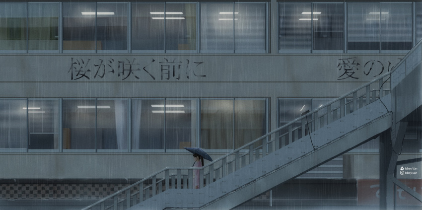1girl artist_name brown_hair building ceiling_light cityscape commentary_request curtains highres instagram_username isbeyvan original pedestrian_bridge ponytail rain scenery solo stairs translation_request watermark window