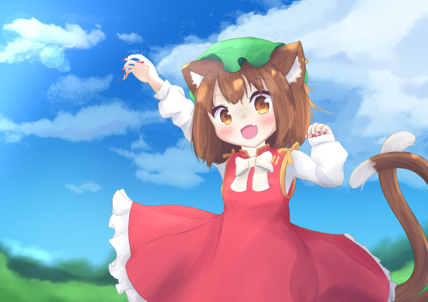 1girl :d animal_ears arm_up blue_sky blush bow brown_eyes brown_hair cat_ears cat_tail chen clouds day dress earrings fang fingernails green_headwear happy hat jewelry long_fingernails long_sleeves mob_cap multiple_tails nail_polish open_mouth outdoors piercing red_dress red_nails sharp_fingernails short_hair single_earring skin_fang sky smile solo tail touhou two_tails unonya