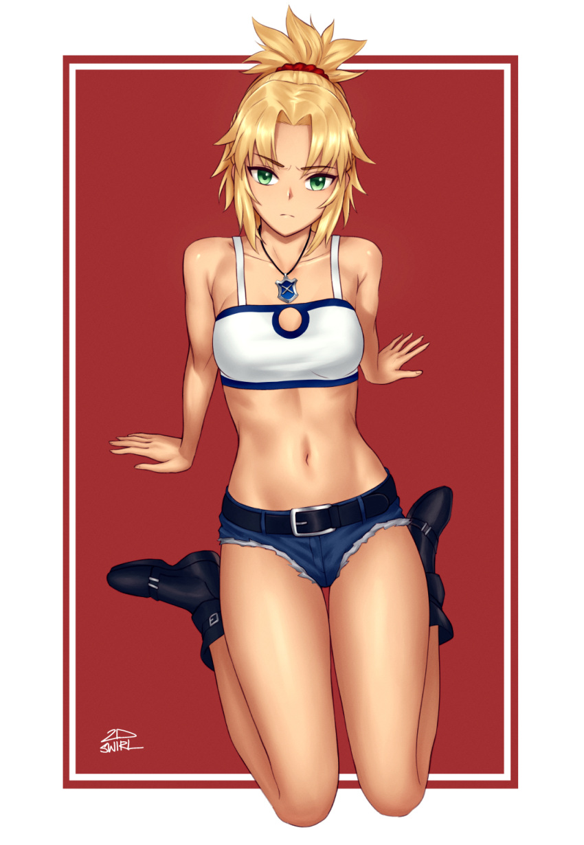 1girl 2dswirl blonde_hair boots braid breasts crop_top denim denim_shorts fate/apocrypha fate/grand_order fate_(series) green_eyes highres jewelry looking_at_viewer medium_breasts mordred_(fate) mordred_(fate/apocrypha) mordred_(memories_at_trifas)_(fate) necklace scrunchie shorts sitting solo thighs