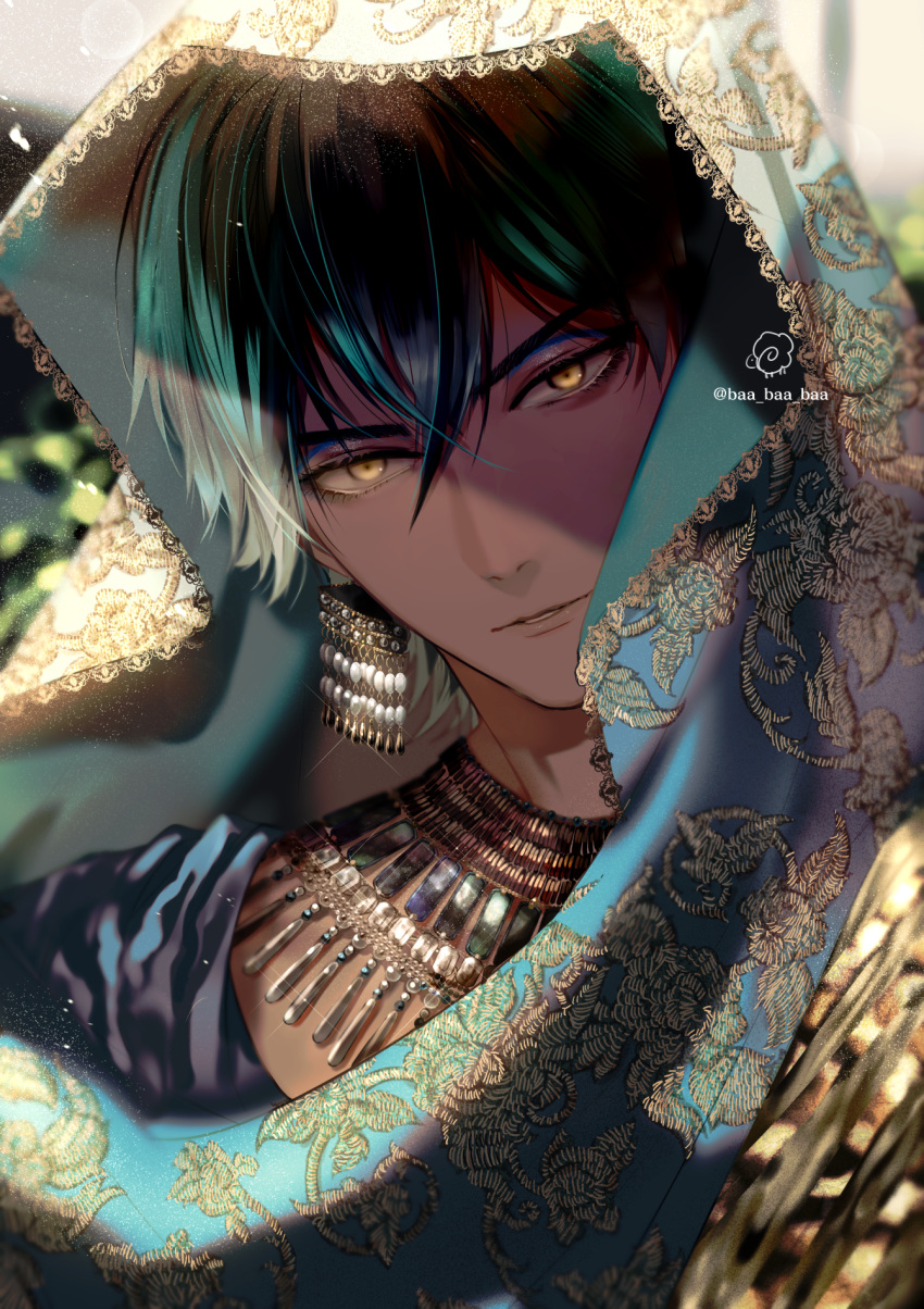 1boy bangs bishounen dark-skinned_male dark_skin earrings egyptian_clothes embroidery eyeliner face fate/grand_order fate_(series) hair_between_eyes head_tilt highres jewelry lace_trim light_particles long_bangs looking_at_viewer makeup male_focus ozymandias_(fate) parted_lips portrait sakura_hitsuji short_hair solo twitter_username yellow_eyes