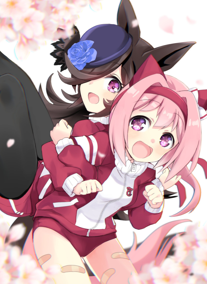 2girls absurdres animal_ears back-to-back bandaid bandaid_on_thigh bangs black_hair black_legwear bloomers blue_flower blue_rose bow cherry_blossoms commentary_request eyebrows_visible_through_hair eyelashes flower flower-shaped_pupils hair_bow hairband haru_urara_(umamusume) hat hat_flower highres hizuki_yayoi horse_ears horse_girl horse_tail jacket long_hair long_sleeves looking_at_viewer medium_hair multiple_girls open_mouth pantyhose pink_eyes pink_hair red_bloomers red_jacket red_shorts rice_shower_(umamusume) rose shorts smile symbol-shaped_pupils tail thighs track_jacket umamusume underwear violet_eyes white_background zipper