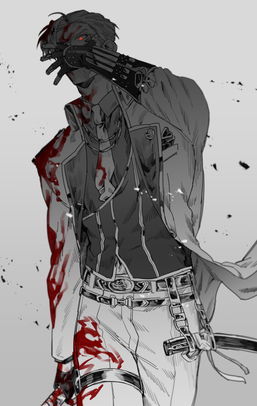 1boy adjusting_eyewear arm_at_side armor belt blood blood_in_hair blood_on_chest blood_on_clothes blood_on_face collared_shirt cowboy_shot debris fingerless_gloves glasses gloves greyscale hand_over_eye hand_up highres holding holding_sword holding_weapon jacket japanese_armor jomae_dayo katana kote long_sleeves male_focus monochrome motion_blur one_eye_covered open_clothes open_jacket pants red_eyes sanchoumou scabbard sheath shirt short_hair simple_background solo spot_color sword touken_ranbu weapon