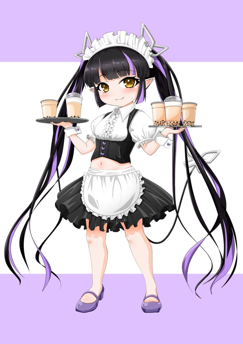 1girl absurdres alternate_costume apron bangs black_hair black_skirt black_vest blunt_bangs blush breasts bubble_tea buttons center_frills closed_mouth collared_shirt commentary_request cup demon_girl demon_horns demon_tail enmaided eyebrows_visible_through_hair frilled_apron frilled_sleeves frills full_body heart_button highres holding holding_tray horns kojo_anna long_hair looking_at_viewer maid maid_headdress midriff multicolored_hair navel pink_background pointy_ears puffy_short_sleeves puffy_sleeves purple_hair robou_no_stone shirt short_sleeves skirt small_breasts smile solo standing sugar_lyric tail tray twintails two-tone_background two-tone_hair very_long_hair vest virtual_youtuber waist_apron white_apron white_shirt yellow_eyes