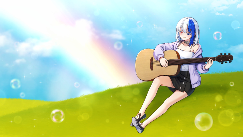 1girl black_footwear black_skirt blue_eyes blue_hair blue_sky bubble camisole clouds collarbone colored_eyelashes commission day guitar heterochromia highres holding holding_instrument instrument jacket long_sleeves mamel_27 multicolored_hair on_grass open_clothes open_jacket original outdoors puffy_long_sleeves puffy_sleeves purple_jacket rainbow red_eyes shoe_soles shoes silver_hair sitting skirt sky solo two-tone_hair white_camisole