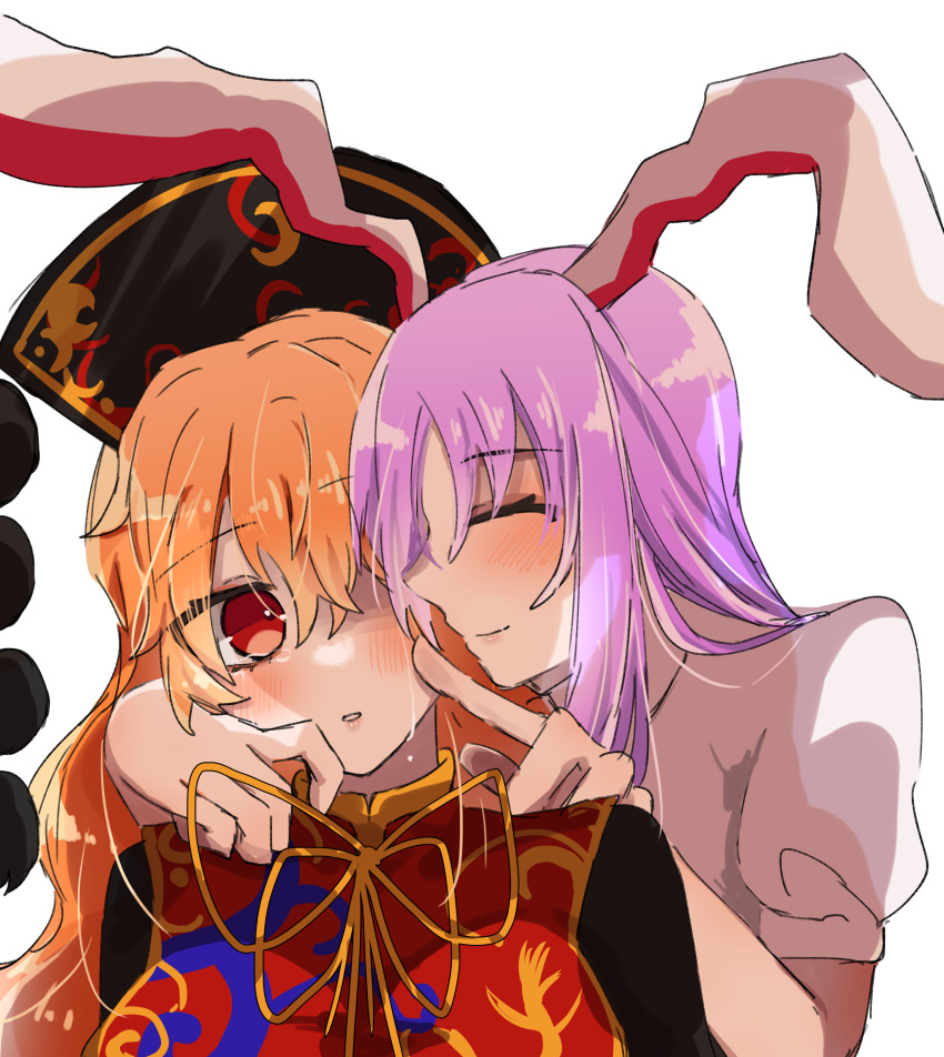 2girls absurdres animal_ears arm_around_neck blonde_hair blue_eyes blush chinese_clothes closed_eyes cropped_torso crying crying_with_eyes_open eyebrows_visible_through_hair face-to-face hair_between_eyes hara22hara highres junko_(touhou) long_hair long_sleeves looking_at_another multiple_girls phoenix_crown pom_pom_(clothes) rabbit_ears red_eyes reisen_udongein_inaba ribbon shirt short_sleeves smile tabard tears touhou white_shirt wiping_tears yuri