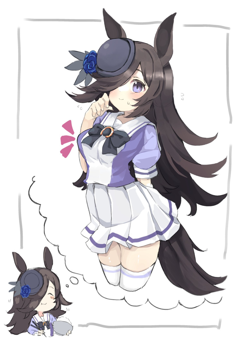 1girl alternate_breast_size animal_ears bangs black_bow black_hair blouse blue_flower blue_rose blush bow bowl bowtie breasts chopsticks closed_eyes dual_persona eating flower flower_hat food hair_over_one_eye hand_on_own_face hat highres horse_ears horse_girl horse_tail horseshoe_ornament imagining large_breasts long_hair pleated_skirt puffy_cheeks puffy_short_sleeves puffy_sleeves purple_blouse rice rice_bowl rice_shower_(umamusume) rose sailor_collar school_uniform short_sleeves skirt smile tail teranekosu thigh-highs thought_bubble tracen_school_uniform umamusume violet_eyes white_background white_legwear white_sailor_collar white_skirt