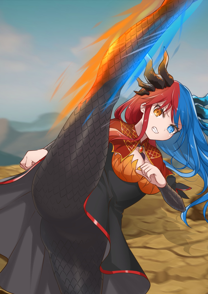 1girl absurdres angry ass bangs blue_eyes blue_hair blue_horns blurry blurry_background blush breasts bright_pupils clenched_teeth cliff commission commissioner_upload dragon_girl dragon_horns dress eyebrows_visible_through_hair fighting heterochromia highres horns inferna_dragnis jewelry kicking large_breasts leg_up long_hair monster_girl multicolored_hair necktie orange_eyes original outdoors pantyhose red_horns redhead scenery shadow solo split split-color_hair standing standing_on_one_leg standing_split symbol-shaped_pupils teeth two-tone_hair usagi1923 white_pupils