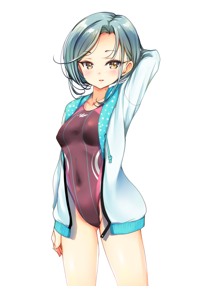 1girl absurdres arm_behind_head breasts competition_swimsuit cowboy_shot grey_hair highres hood hooded_jacket jacket kantai_collection long_sleeves mole mole_on_neck one-piece_swimsuit pink_swimsuit short_hair simple_background small_breasts smile solo swimsuit white_background white_jacket yashin_(yasinz) yellow_eyes