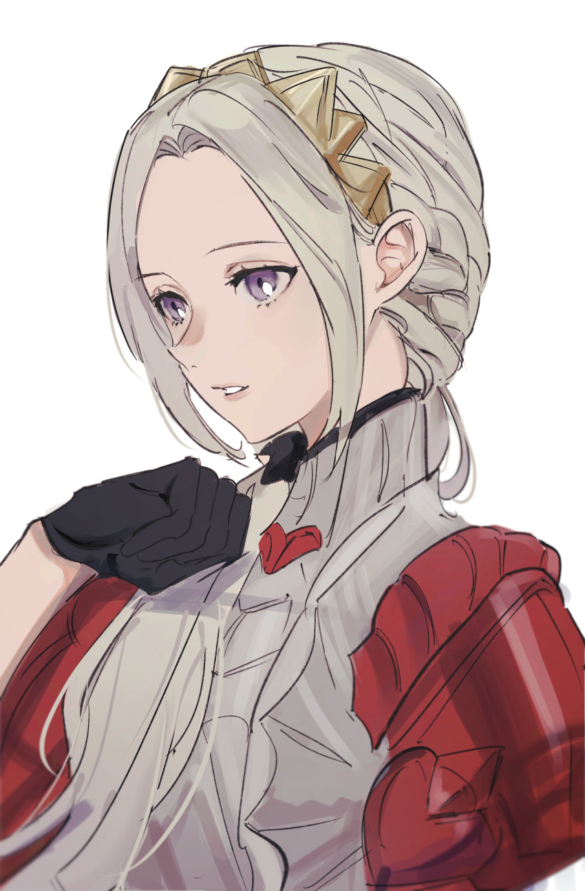 1girl absurdres alternate_costume alternate_hairstyle armor breastplate cape edelgard_von_hresvelg fire_emblem fire_emblem:_three_houses fire_emblem_warriors fire_emblem_warriors:_three_hopes gloves hair_ornament hair_ribbon highres korean_commentary l_uyp long_hair official_alternate_costume official_alternate_hairstyle red_cape ribbon simple_background solo violet_eyes white_hair