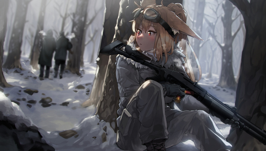1girl 2others absurdres animal_ears blonde_hair breath cargo_pants fox_ears goggles goggles_on_head gun hiding highres jacket kaiser_(myeonggihusband) multiple_others pants ponytail red_eyes sd_bigpie shotgun snow tree weapon