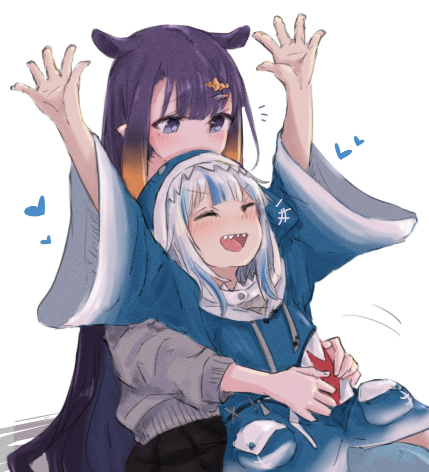 +++ 2girls :d ^_^ aoi_(aoisaka) arms_up bangs black_skirt blue_hair blunt_bangs closed_eyes commentary drawstring english_commentary gawr_gura hair_ornament hairband hairclip heart highres hololive hololive_english hood hood_up hoodie hug hug_from_behind long_hair long_sleeves multicolored_hair multiple_girls ninomae_ina'nis open_mouth pointy_ears purple_hair sharp_teeth sketch skirt smile streaked_hair teeth two-tone_hair very_long_hair violet_eyes virtual_youtuber white_hairband