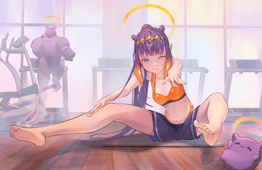 1girl :3 bangs blue_eyes blunt_bangs breasts english_commentary exercise frown gym halo highres hololive hololive_english long_hair meiyan_(boyimachao) midriff mole mole_under_eye multicolored_hair ninomae_ina'nis one_eye_closed orange_hair pointy_ears purple_hair shorts small_breasts stretch tako_(ninomae_ina'nis) tentacle_hair treadmill tsurime virtual_youtuber