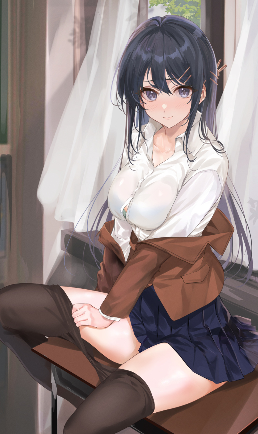 1girl black_hair black_legwear blue_skirt blush bra_visible_through_clothes breasts brown_jacket clothes_pull collarbone collared_shirt commentary_request curtains desk dress_shirt hair_ornament hairclip highres jacket jacket_partially_removed large_breasts long_hair looking_at_viewer mexif on_desk pantyhose pantyhose_pull pleated_skirt sakurajima_mai school_uniform seishun_buta_yarou shirt sitting skirt solo thighs undressing violet_eyes white_shirt window