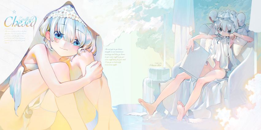 2girls absurdres angel angel_wings armchair bare_legs bare_shoulders barefoot blue_eyes blush book bottomless breasts chair curtains dress english_text eyebrows_visible_through_hair feathered_wings fountain full_body grey_eyes head_rest head_wreath highres hugging_own_legs kaede_(shijie_heping) leg_wings looking_at_viewer multiple_girls original panties short_dress sitting sleeveless small_breasts thigh_strap underwear veil water white_dress white_hair white_panties white_wings wings wreath