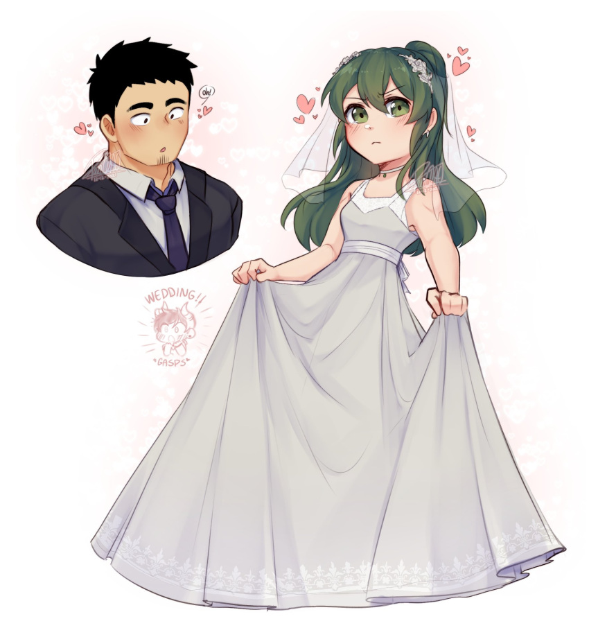 1boy 1girl blush bridal_veil bride couple dress green_eyes green_hair groom heart highres husband_and_wife igarashi_futaba_(shiromanta) long_hair pan_ccp ponytail senpai_ga_uzai_kouhai_no_hanashi short_hair sidelocks takeda_harumi_(shiromanta) tuxedo veil wedding wedding_dress white_dress