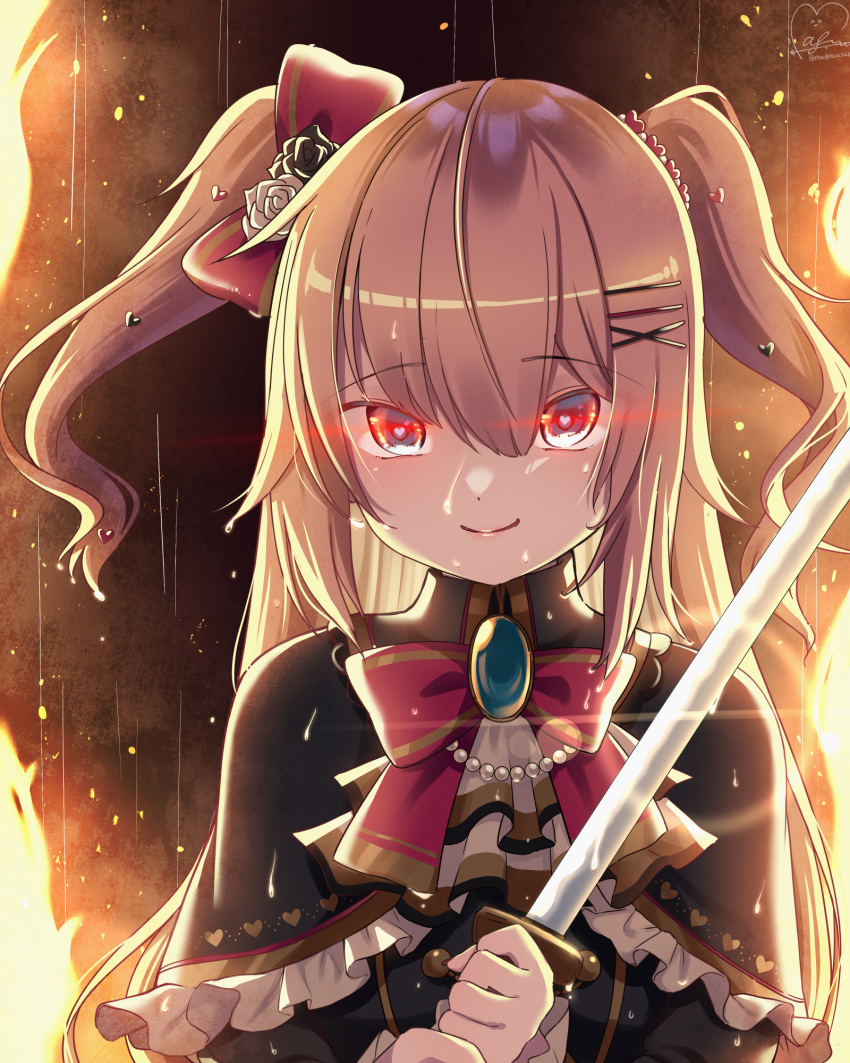 1girl akai_haato bangs black_capelet blonde_hair bow bowtie capelet closed_mouth eye_trail eyebrows_visible_through_hair frilled_capelet frills hair_between_eyes hair_bow hair_ornament hairclip heart heart-shaped_pupils heart_hair_ornament highres holding holding_sword holding_weapon hololive long_hair looking_at_viewer magowasabi red_bow red_bowtie signature smile solo sword symbol-shaped_pupils twitter_username two_side_up upper_body virtual_youtuber weapon wet x_hair_ornament