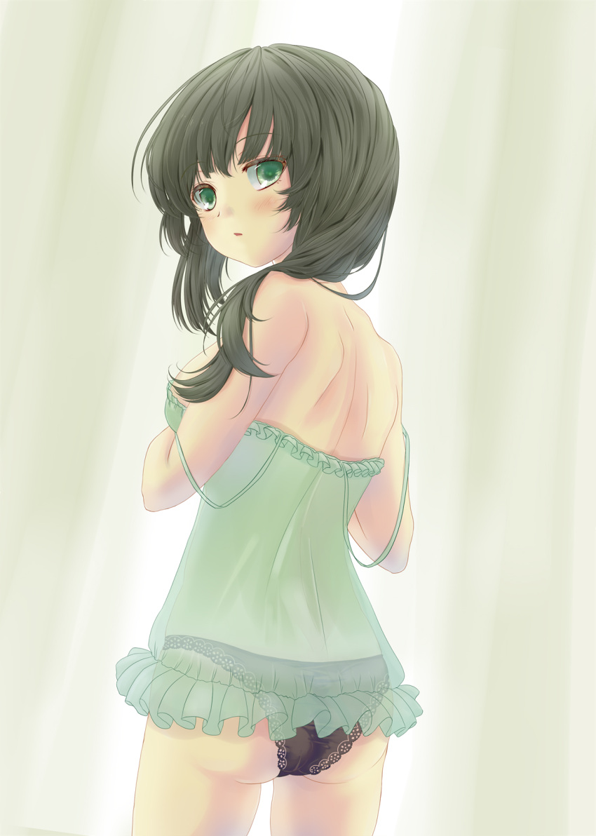 1girl ass assault_lily babydoll bangs bare_arms bare_shoulders black_hair black_panties blush commentary_request cowboy_shot curtains eyebrows_visible_through_hair frilled_babydoll frills from_behind green_babydoll green_eyes hair_down hair_over_shoulder hands_up hifumi0413 highres long_hair looking_at_viewer looking_back panties parted_lips see-through shoulder_blades solo spaghetti_strap standing strap_slip underwear underwear_only wang_yujia white_background