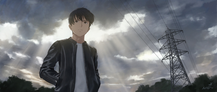 1boy black_hair black_jacket brown_eyes closed_mouth clouds cloudy_sky commentary hands_in_pockets highres jacket leather leather_jacket light_rays long_sleeves looking_afar male_focus original papi_(papiron100) shirt short_hair sky solo transmission_tower upper_body white_shirt