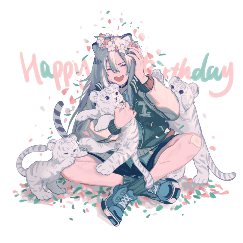 1girl :d absurdres alternate_costume animal_ears arknights bangs blue_footwear closed_mouth facing_viewer happy_birthday highres indian_style indra_(arknights) jacket long_hair long_sleeves open_mouth shoes silver_hair sitting smile sneakers solo tiger tiger_cub tiger_ears towne