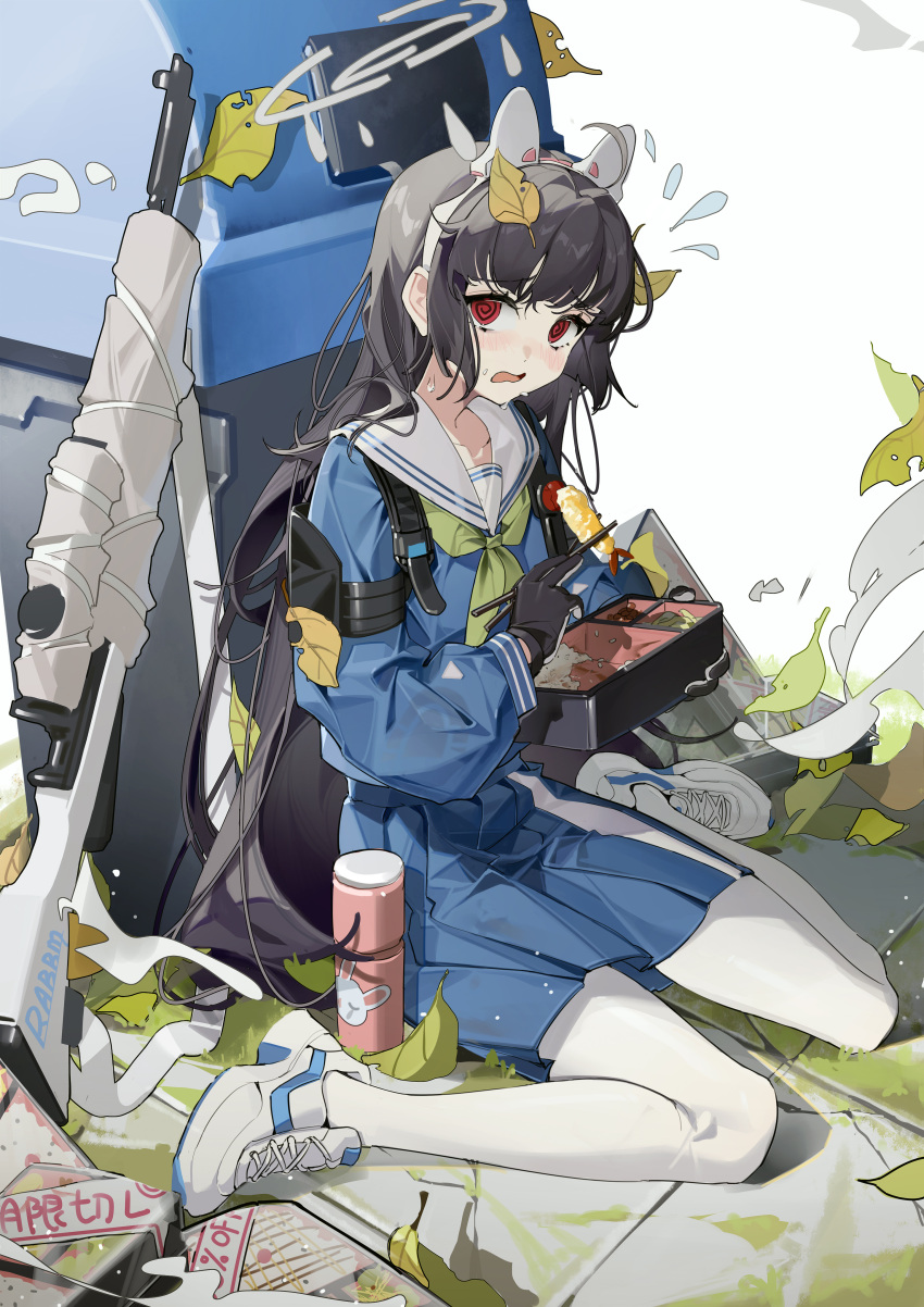 1girl @_@ absurdres animal_ears bento black_gloves black_hair blue_archive blue_serafuku blue_skirt blush bolt_action bottle chopsticks eyebrows_visible_through_hair fake_animal_ears flying_sweatdrops food gloves green_neckerchief gun halo highres holding holding_bento holding_chopsticks leaf long_hair long_sleeves looking_at_viewer miyu_(blue_archive) neckerchief open_mouth pantyhose pleated_skirt rabbit_ears red_eyes rifle sailor_collar school_uniform serafuku shionagi_(sana) shoes sitting skirt sneakers solo sweat tempura trash_can wariza water_bottle weapon white_background white_footwear white_legwear white_sailor_collar