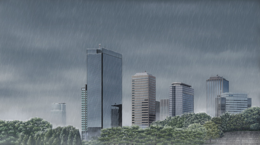 building city cityscape clouds commentary dark_clouds helipad highres isbeyvan japan no_humans original outdoors rain reflection scenery sky skyscraper tree wall