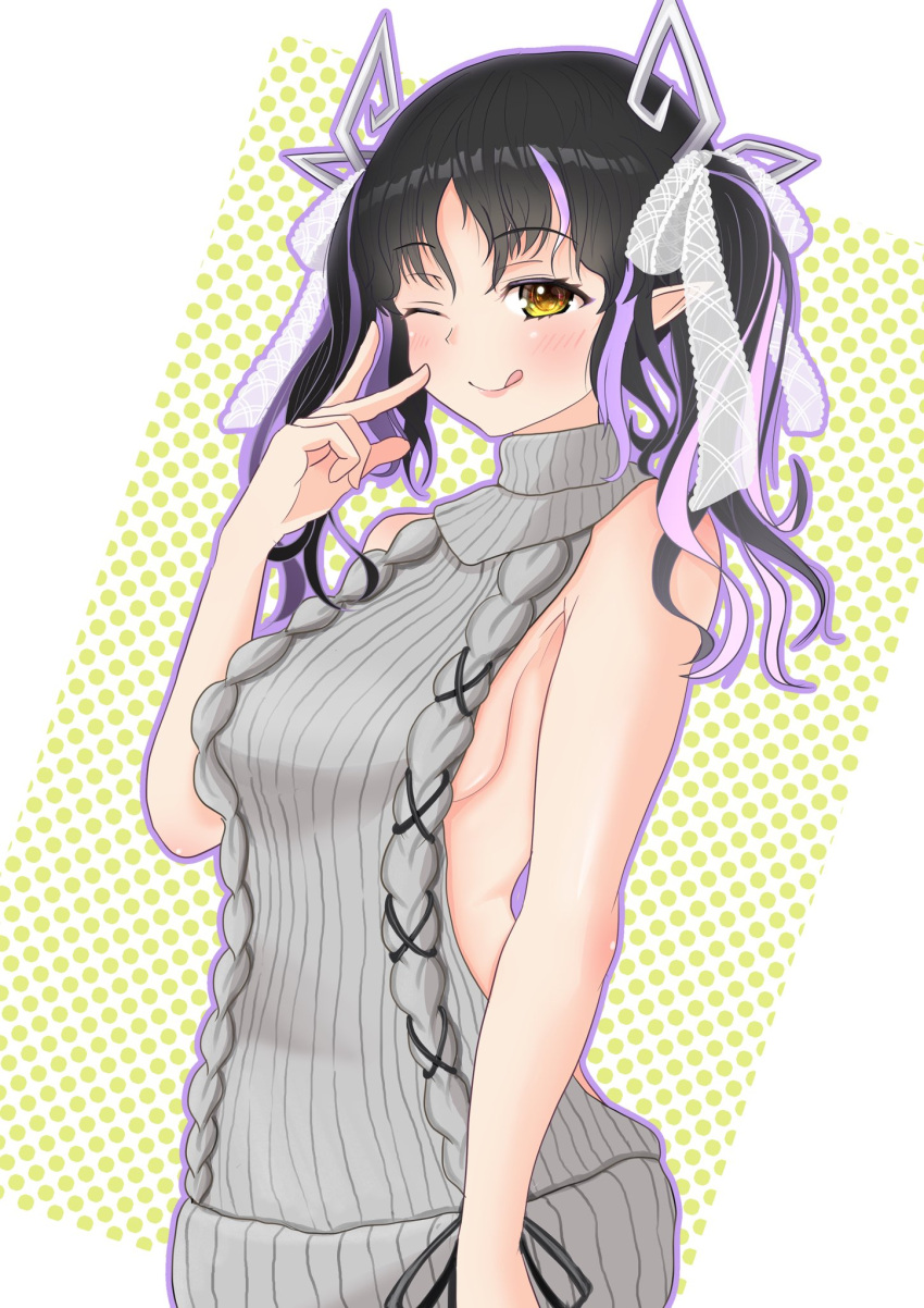 1girl :q aran_sweater backless_dress backless_outfit bangs black_hair blush breasts closed_mouth commentary_request cowboy_shot demon_girl demon_horns dress eyebrows_visible_through_hair grey_sweater hair_ribbon halterneck highres horns kojo_anna long_hair looking_at_viewer medium_breasts meme_attire multicolored_hair official_alternate_costume one_eye_closed pointy_ears polka_dot polka_dot_background purple_hair purple_outline ribbed_sweater ribbon robou_no_stone sideboob smile solo sugar_lyric sweater sweater_dress tongue tongue_out transparent_ribbon turtleneck turtleneck_sweater two-tone_hair two_side_up v virgin_killer_sweater virtual_youtuber white_background white_ribbon yellow_eyes