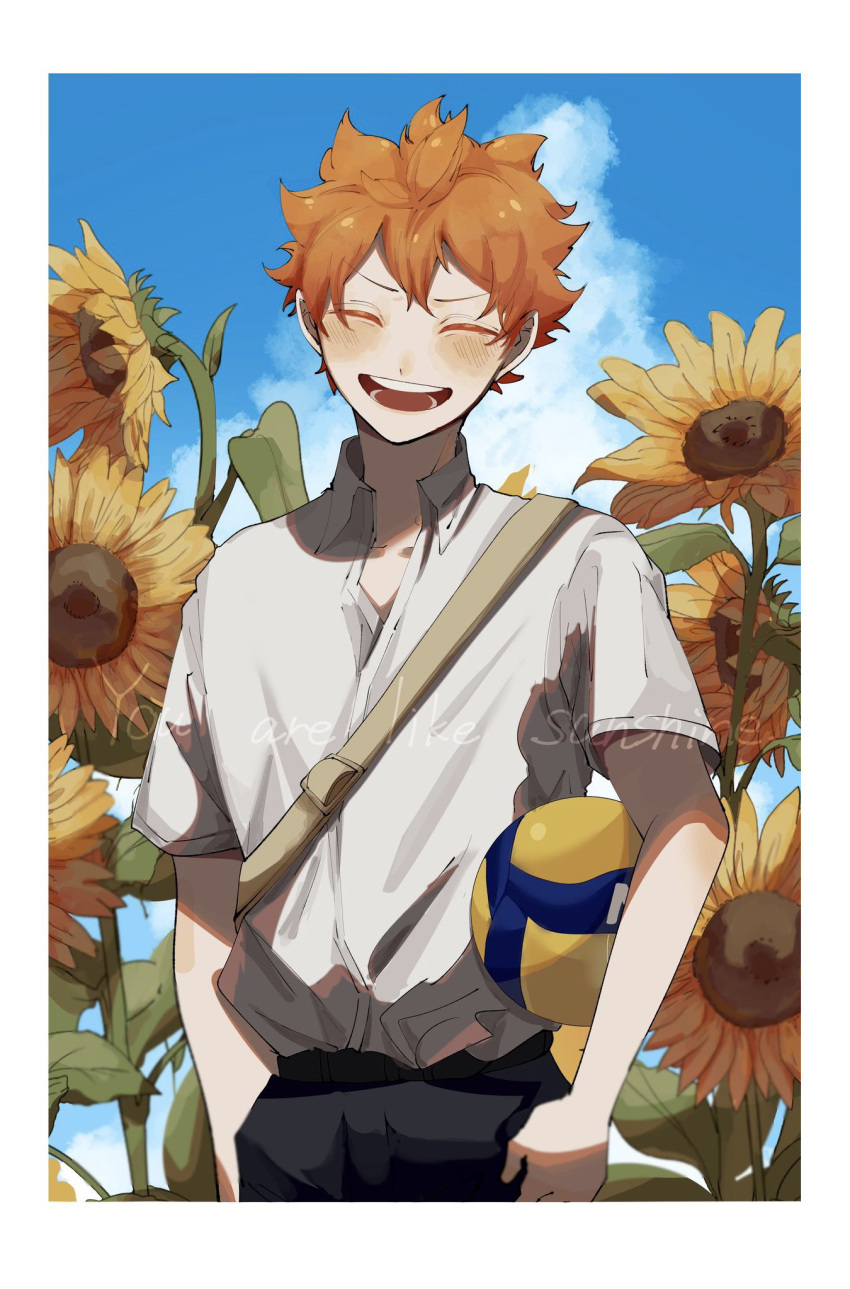 1boy ball black_pants border clouds collared_shirt day english_text flower haikyuu!! highres hinata_shouyou holding holding_ball male_focus messy_hair open_mouth orange_hair outdoors pants shirt sky smile solo sunflower takino volleyball white_border white_shirt