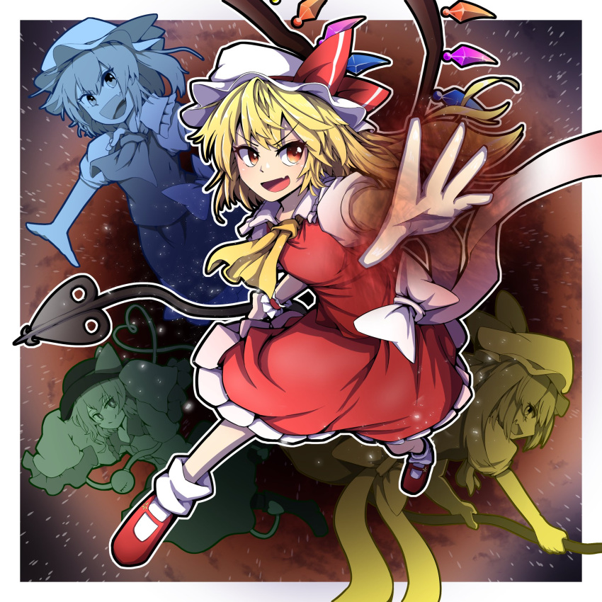 4girls :d ascot bangs blonde_hair crystal dress eyebrows_visible_through_hair fang flandre_scarlet hat hat_ribbon highres holding hurin_raika komeiji_koishi laevatein_(touhou) looking_at_viewer mob_cap multiple_girls one_side_up outline outside_border petticoat red_dress red_eyes red_footwear red_ribbon ribbon skin_fang smile touhou v-shaped_eyebrows white_headwear white_legwear white_outline wings yellow_ascot