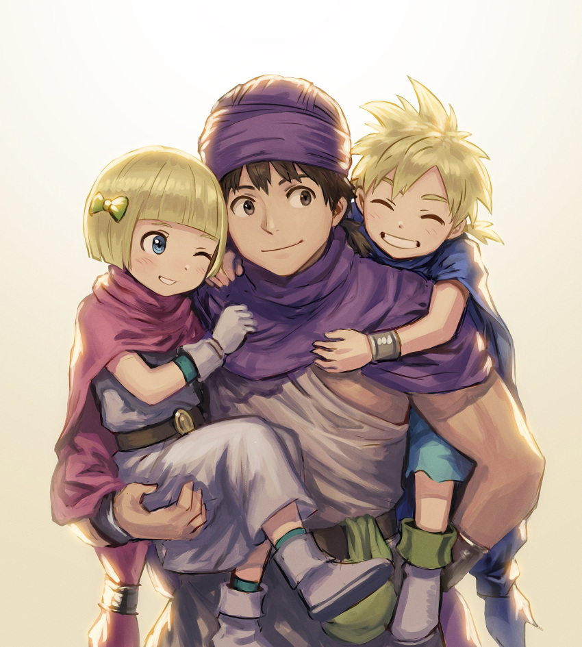 1girl 2boys anbe_yoshirou belt black_hair blonde_hair blue_cape blue_eyes bracelet brother_and_sister cape dragon_quest dragon_quest_v father's_day father_and_daughter father_and_son gloves hair_ribbon happy hero's_daughter_(dq5) hero's_son_(dq5) hero_(dq5) highres jewelry long_hair low_ponytail multiple_boys one_eye_closed pink_cape ponytail purple_cape ribbon siblings smile turban twins