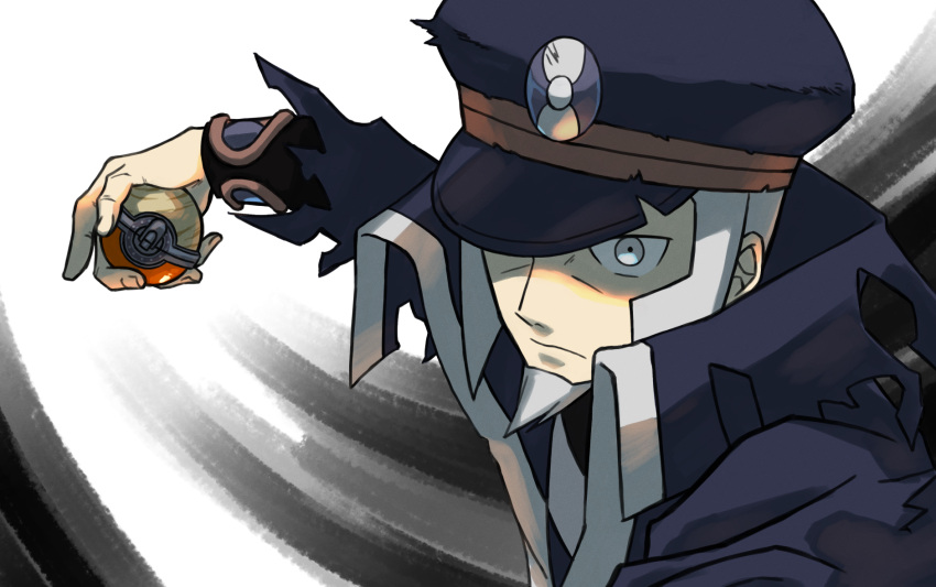 1boy black_coat black_headwear closed_mouth coat commentary_request grey_eyes grey_hair hat high_collar highres holding holding_poke_ball ingo_(pokemon) long_sideburns male_focus outstretched_arm oyu_no_mizuwari peaked_cap poke_ball poke_ball_(legends) pokemon pokemon_(game) pokemon_legends:_arceus short_hair sideburns solo trench_coat upper_body