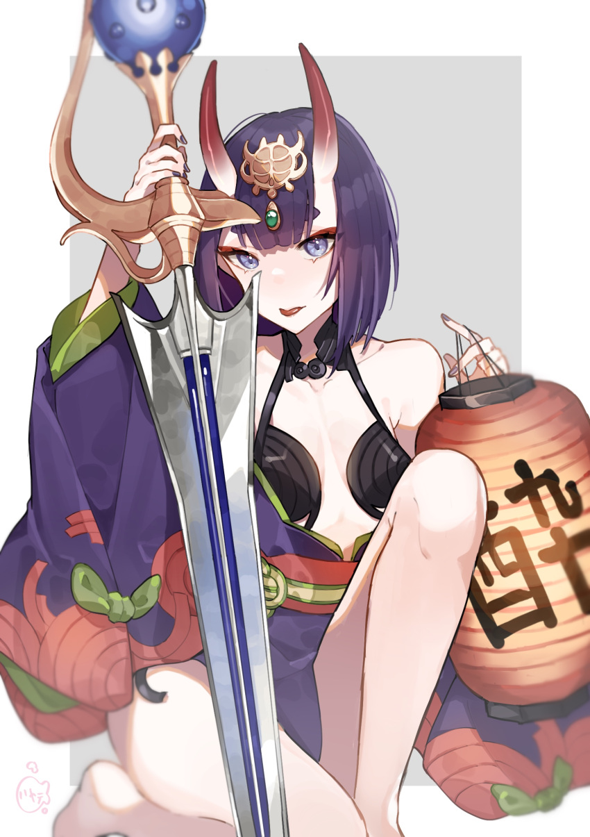 1girl absurdres bangs bare_shoulders barefoot blue_eyes collarbone commentary_request eyebrows_behind_hair fate/grand_order fate_(series) feet_out_of_frame grey_background hayate_fish headpiece highres holding holding_sword holding_weapon horns japanese_clothes kimono lantern long_sleeves looking_at_viewer off_shoulder oni oni_horns paper_lantern purple_hair purple_kimono short_eyebrows shuten_douji_(fate) solo sword thick_eyebrows two-tone_background weapon white_background wide_sleeves