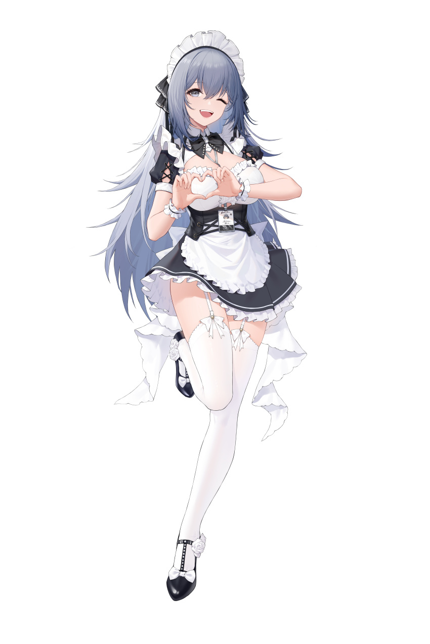 1girl ;d absurdres apron between_breasts black_dress black_footwear bow bowtie breasts clothing_cutout collared_dress dress fang frilled_dress frills full_body garter_straps heart heart_hands highres id_card lanyard large_breasts leg_up maid maid_apron maid_headdress mary_janes one_eye_closed open_mouth original shoes short_dress short_sleeves simple_background smile solo standing standing_on_one_leg thigh-highs thighs underboob_cutout underbust waist_apron white_background white_legwear youx zettai_ryouiki