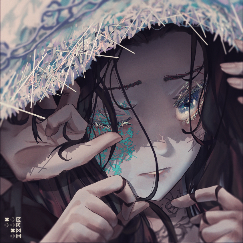 1girl absurdres artist_name black_hair blue_eyes crack cracked_skin doll_joints elden_ring english_commentary extra_arms fingernails grmm hair_twirling hat highres joints one_eye_closed ranni_the_witch solo tattoo wavy_hair