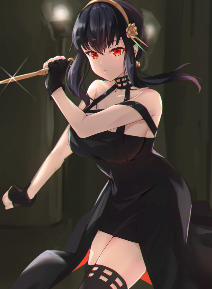 1girl absurdres black_dress black_gloves black_hair black_legwear breasts dagger dress earrings fingerless_gloves gloves gold_earrings gold_hairband highres holding holding_dagger holding_weapon jewelry knife large_breasts red_eyes sleeveless sleeveless_dress solo spy_x_family thigh-highs weapon yahan_(mctr5253) yor_briar