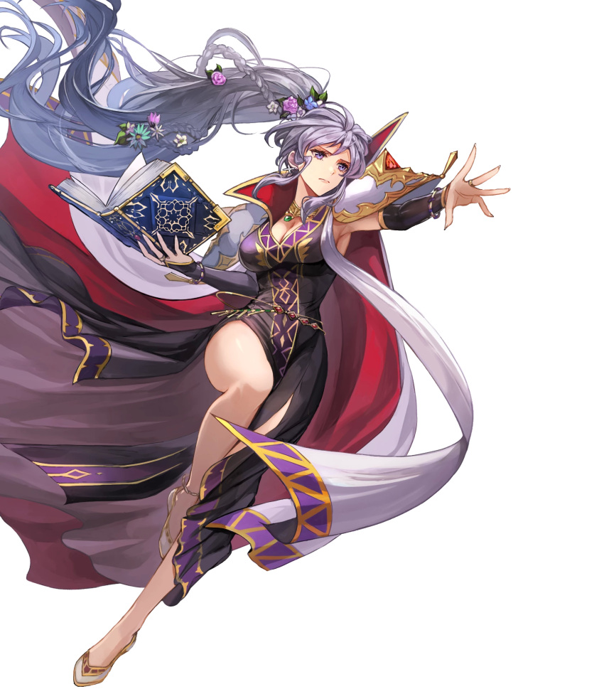 1girl armor bangs book breasts cape dress fire_emblem fire_emblem_genealogy_of_the_holy_war fire_emblem_heroes hair_ornament high_heels highres ishtar_(fire_emblem) jewelry long_dress long_hair nijihayashi non-web_source official_art ponytail purple_eyes purple_hair shoulder_armor solo