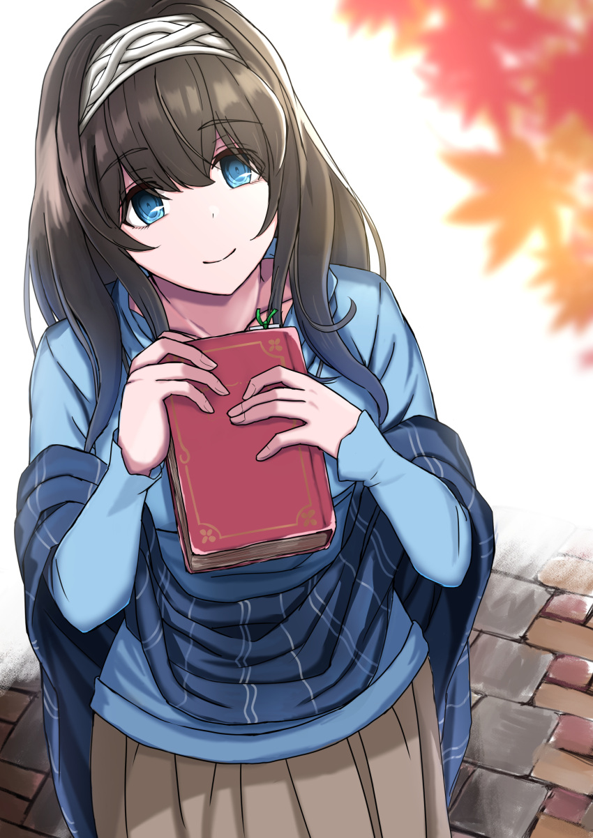 1girl blue_eyes book bookmark brown_hair closed_mouth collarbone edelweiss_(wsparkz) eyebrows_visible_through_hair fingernails hairband highres holding holding_book idolmaster idolmaster_cinderella_girls idolmaster_cinderella_girls_starlight_stage leaf long_hair maple_leaf outdoors sagisawa_fumika skirt smile solo white_hairband