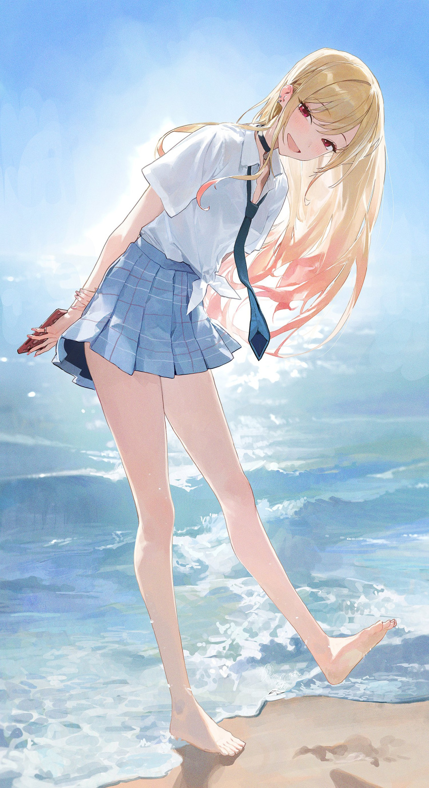 1girl absurdres arms_behind_back bangs barefoot beach blonde_hair blue_skirt blue_sky blush breasts collared_shirt dress_shirt ear_piercing earrings head_tilt high-waist_skirt highres holding holding_own_arm holding_phone jewelry kitagawa_marin large_breasts long_hair long_sleeves looking_at_viewer loose_necktie modare necktie open_mouth outdoors phone piercing plaid plaid_skirt pleated_skirt red_eyes school_uniform shirt shore skirt sky sleeves_rolled_up smile solo sono_bisque_doll_wa_koi_wo_suru sunlight thighs white_shirt