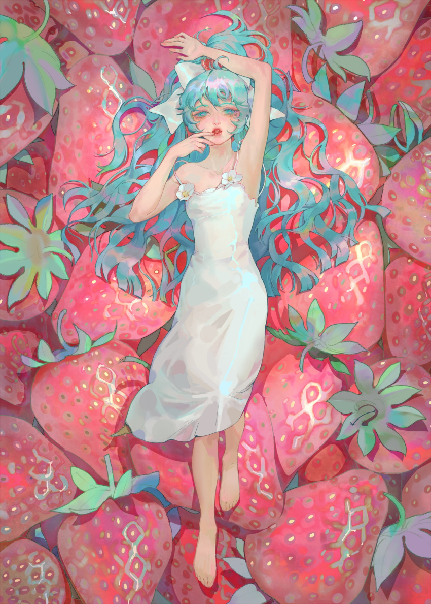 1girl aqua_eyes aqua_hair arm_up armpits bangs bare_arms barefoot bow chinese_commentary collarbone commentary dress finger_to_mouth flower food food-themed_hair_ornament fruit full_body hair_bow hair_ornament highres knee_up leaf lips long_hair looking_at_viewer lying on_back original parted_lips pink_lips ponytail shiny shiny_clothes shiny_hair sisi_maya sleeveless sleeveless_dress solo spaghetti_strap strap_slip strawberry strawberry_hair_ornament wavy_hair white_bow white_dress white_flower