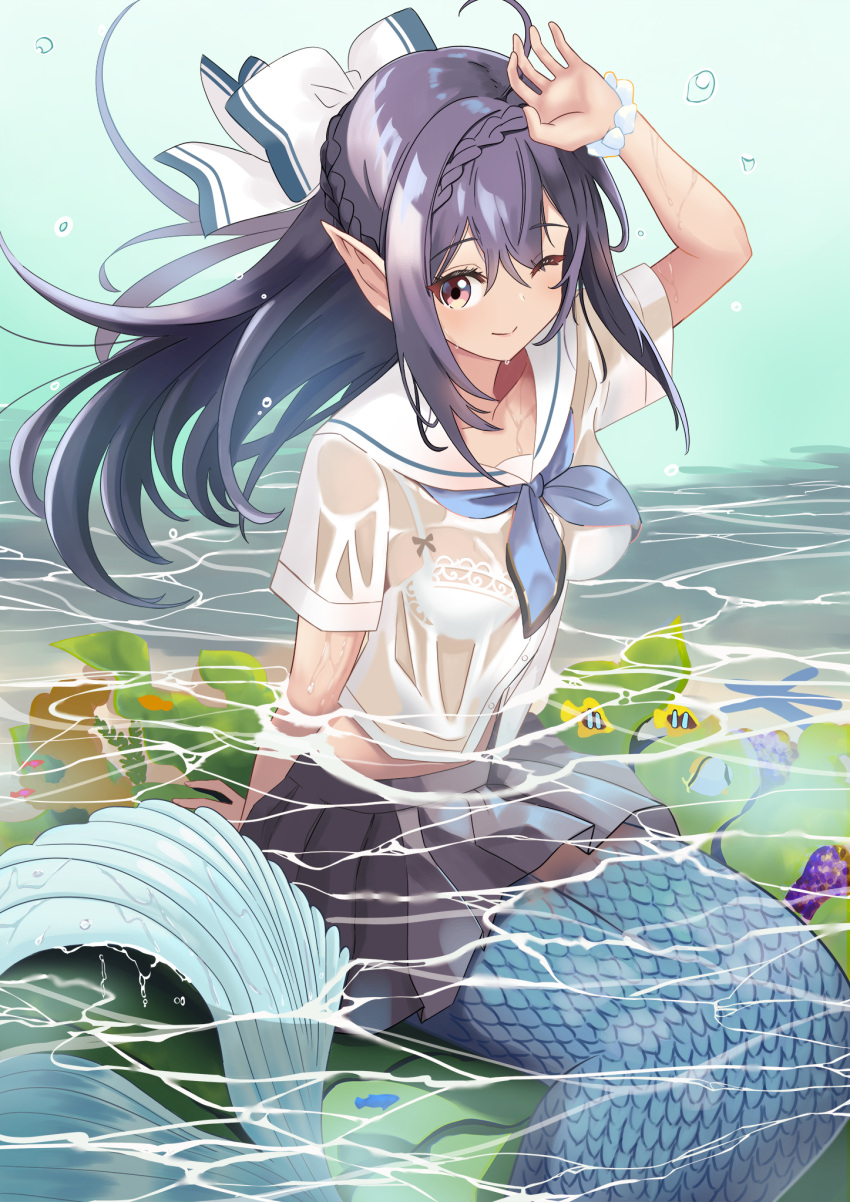 1girl air_bubble arm_up bangs black_hair blue_neckerchief bow bra brown_eyes bubble commentary_request eyebrows_visible_through_hair grey_skirt hair_bow hand_on_own_head highres lace-trimmed_bra lace_trim long_hair manjirou_(manji_illust) mermaid moe2022 monster_girl neckerchief one_eye_closed original partially_submerged pointy_ears sailor_collar scales school_uniform see-through serafuku short_sleeves sitting skirt solo underwear water wet white_bow white_bra white_sailor_collar white_serafuku wristband