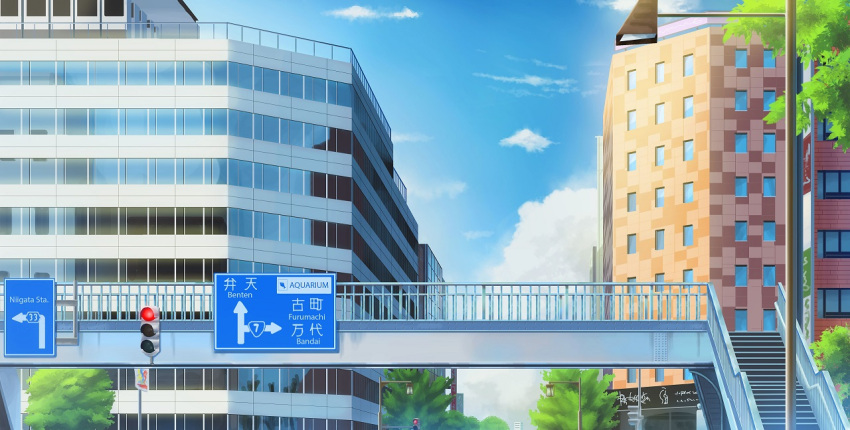 blue_sky building city cityscape clouds commentary_request fence isbeyvan japan lamppost no_humans original outdoors pedestrian_bridge road_sign scenery sign sky traffic_light tree window