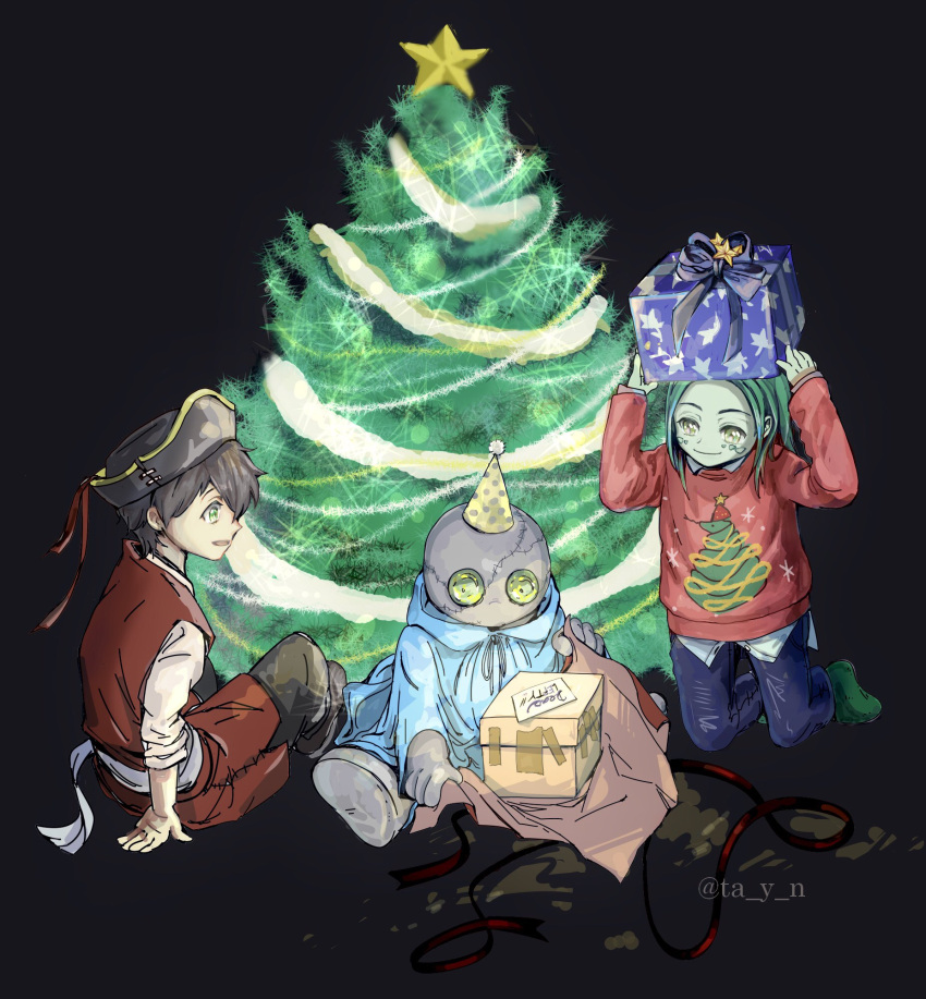 3boys black_hair box christmas christmas_lights christmas_tree colored_skin darren_shan evra_von gift gift_box green_hair green_skin grey_skin harkat_mulds highres hooded_coat long_hair monster_boy multiple_boys pirate_costume short_hair sitting stitched_face sweater ta_y_n the_saga_of_darren_shan