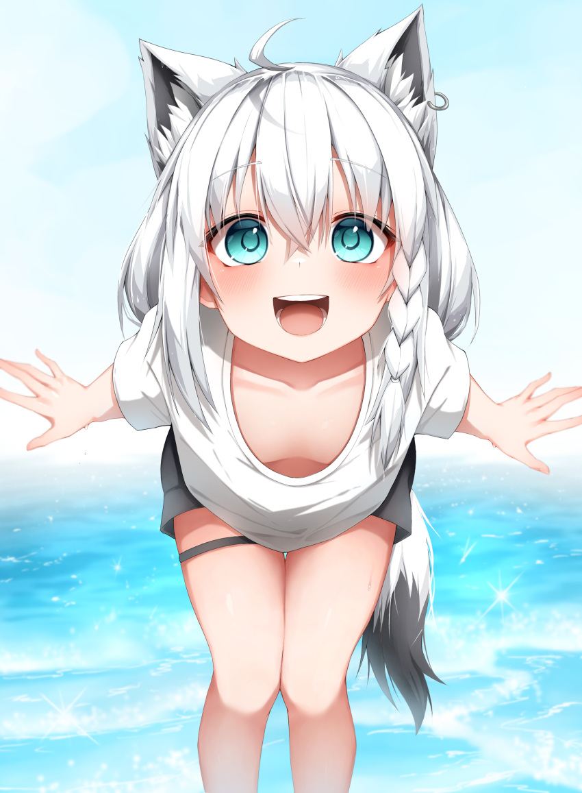 1girl absurdres ahoge animal_ear_fluff animal_ears bangs black_shorts blush braid breasts collarbone commentary_request day downblouse earrings extra_ears eyebrows_visible_through_hair fox_ears fox_girl fox_tail green_eyes hair_between_eyes highres hololive jewelry leaning_forward long_hair looking_at_viewer ocean open_mouth outdoors pepushi_drow shirakami_fubuki shirt short_shorts short_sleeves shorts sidelocks single_braid small_breasts smile solo tail thigh_strap virtual_youtuber wading white_hair white_shirt