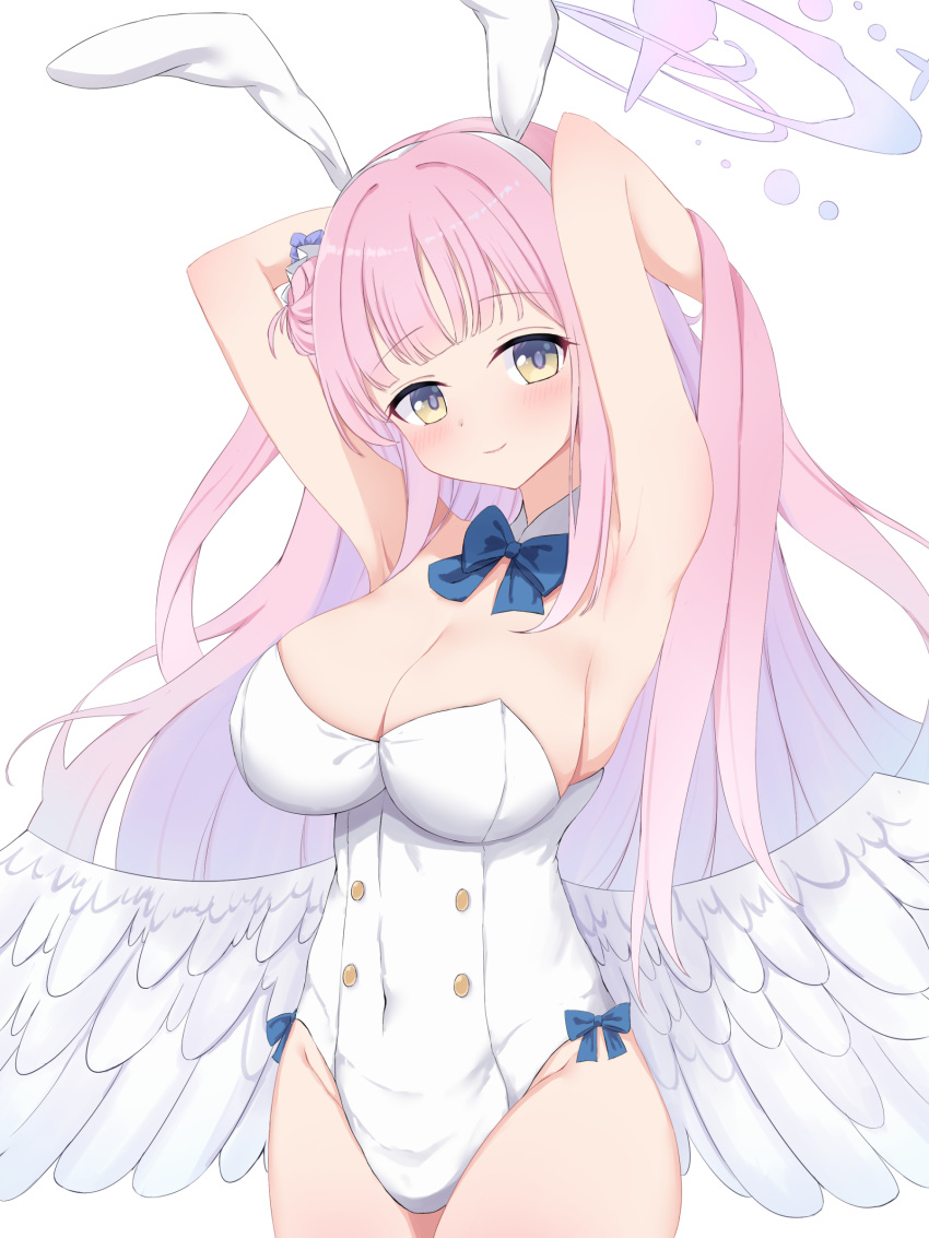 1girl absurdres angel_wings animal_ears armpits blue_archive breasts dae_(dog-of-maou) detached_collar eyebrows_visible_through_hair flower hair_flower hair_ornament halo hand_up highres large_breasts long_hair mika_(blue_archive) pink_hair playboy_bunny rabbit_ears side_bun simple_background standing white_background wings yellow_eyes