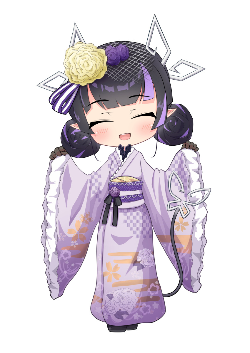 1girl :d absurdres alternate_costume alternate_hairstyle bangs black_hair blunt_bangs blush brown_gloves checkered_clothes checkered_kimono chibi closed_eyes commentary_request demon_girl demon_horns demon_tail double_bun eyebrows_visible_through_hair floral_print flower frilled_sleeves frills full_body gloves hair_flower hair_ornament highres horns japanese_clothes kimono kojo_anna long_sleeves multicolored_hair obi open_mouth pink_kimono pointy_ears print_kimono purple_flower purple_hair purple_sash robou_no_stone sash short_hair simple_background smile solo sugar_lyric tail two-tone_hair virtual_youtuber white_background wide_sleeves yellow_flower