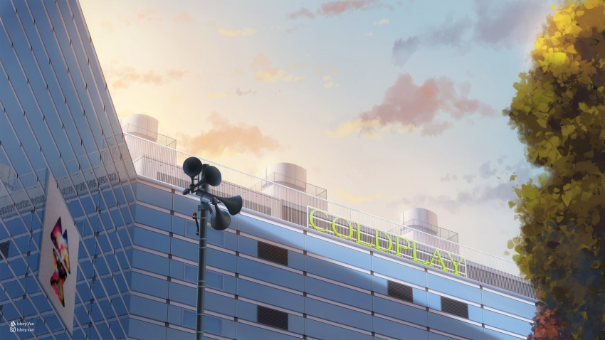 artist_name blue_sky building cityscape clouds english_commentary fence gradient_sky highres horn_speaker instagram_username isbeyvan japan no_humans orange_sky original outdoors reflection scenery sky sunset tree water_tank watermark